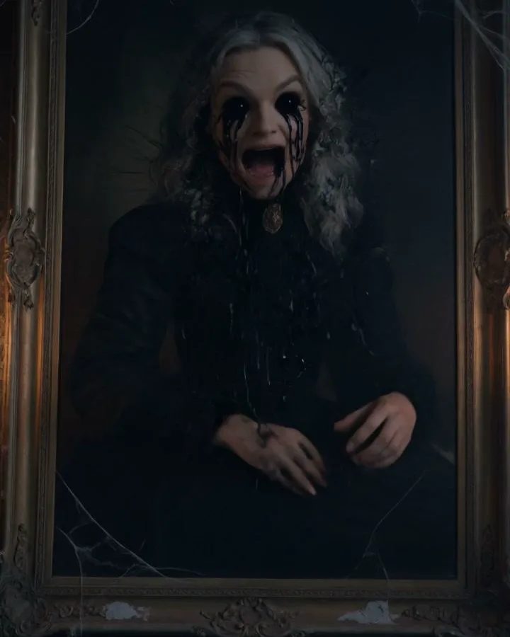 An oil portrait of a woman with black eyes screaming inside a gilded frame