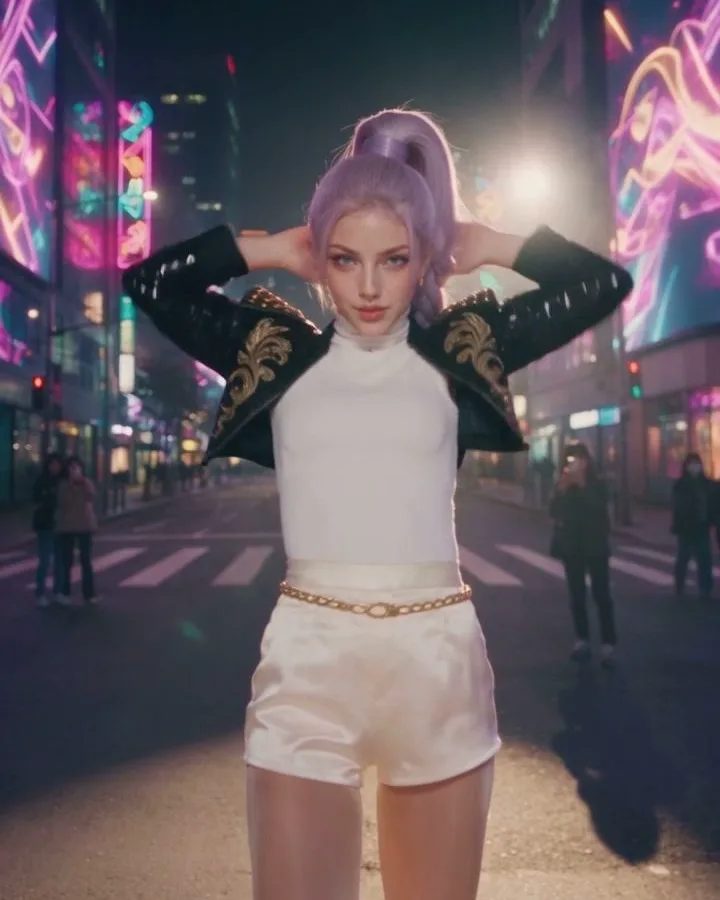 A performer with a lavender braid and a black sequin bolero on a neon Seoul street