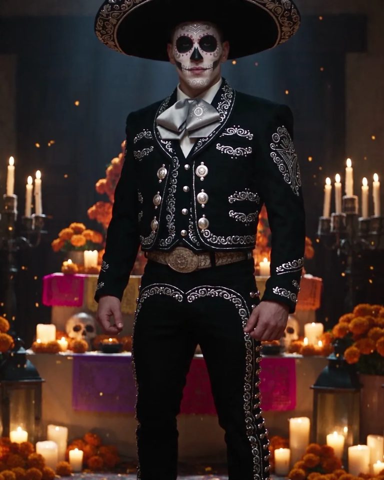 A man in a black-and-silver charro suit with sugar-skull face paint before a marigold altar