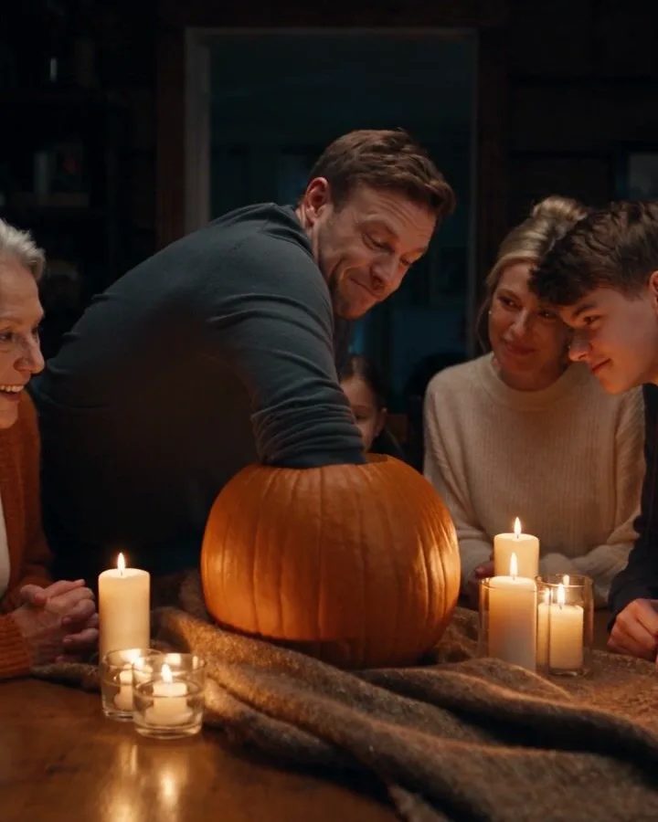 A family gathered around a pumpkin by candlelight