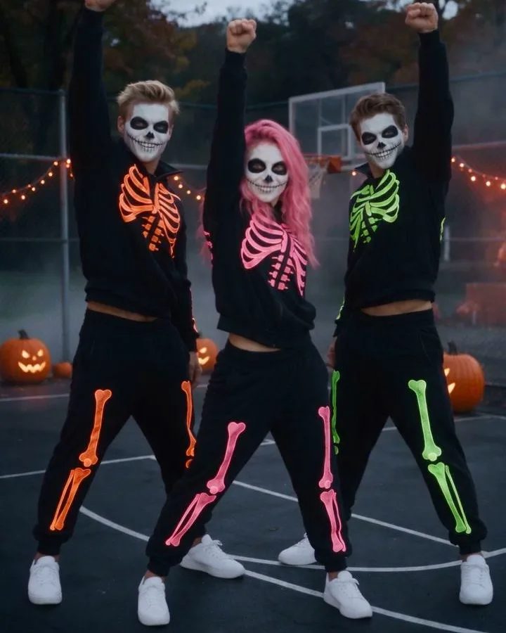 Three friends in neon skeleton costumes dancing in sync on a court