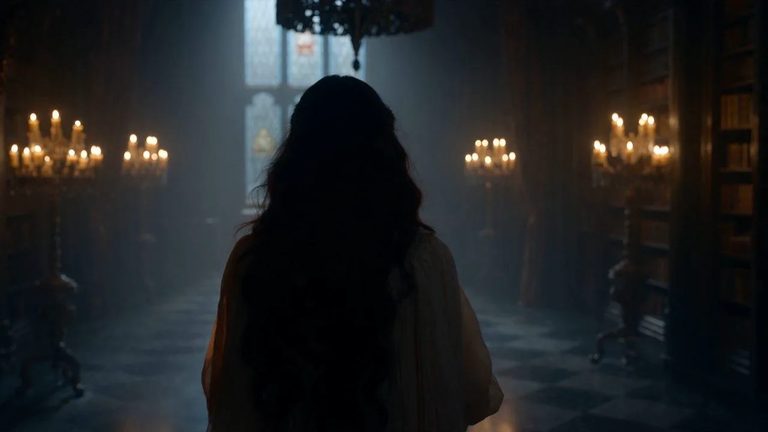 A vampire noble beside a stone coffin in a candlelit castle
