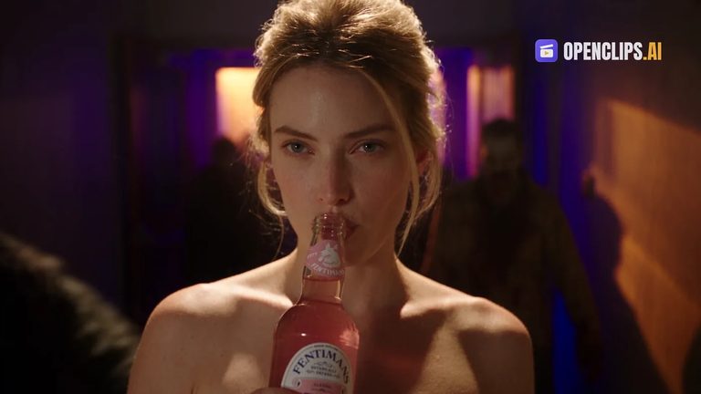 A woman holding a drink while zombies crowd a party hallway