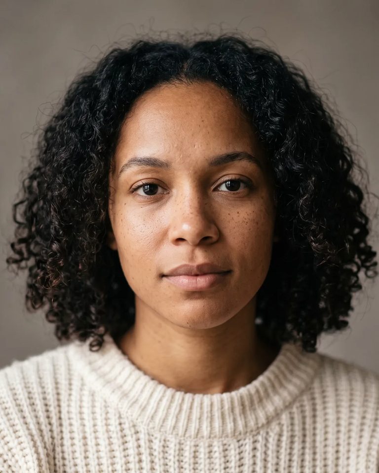 A woman with curly dark hair and freckles in a cream knit sweater against a plain grey wall