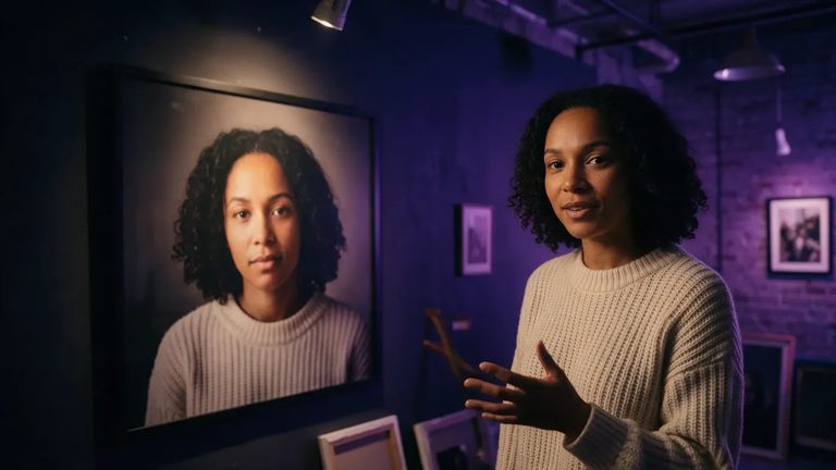 The same woman standing beside a large framed portrait of herself in a violet-lit studio