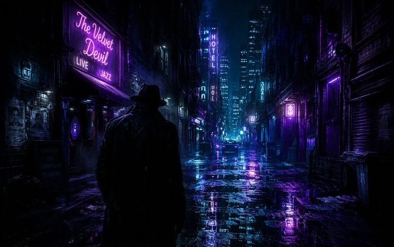 Neon city frame in the OpenClips blockbuster direction