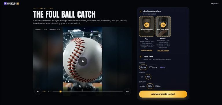 The Foul Ball Catch workflow page on OpenClips: the example video on the left, and on the right two photo slots, You and Product, above the format, length and quality choices