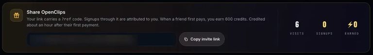 The Share OpenClips box on an OpenClips profile: the invite link with a Copy invite link button, and counters for Visits, Signups and credits Earned