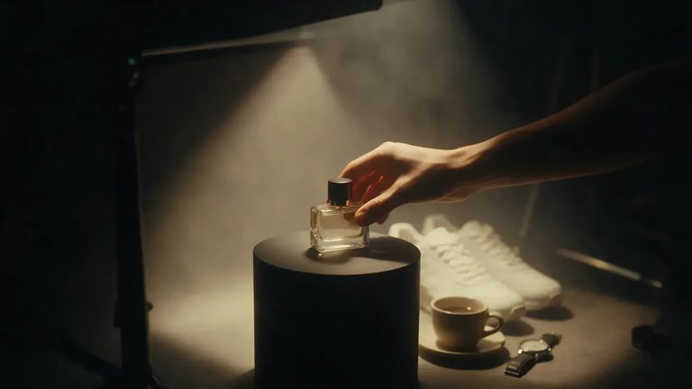 A hand placing a perfume bottle on a black plinth under a studio spotlight, with sneakers, a coffee cup and a watch waiting beside it