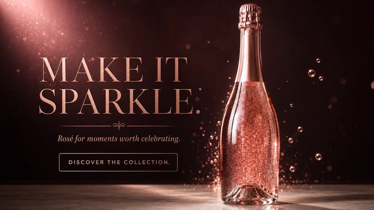 Wide product banner of a rosé sparkling wine bottle in warm rim light, headlined MAKE IT SPARKLE above the line Rosé for moments worth celebrating and a DISCOVER THE COLLECTION button