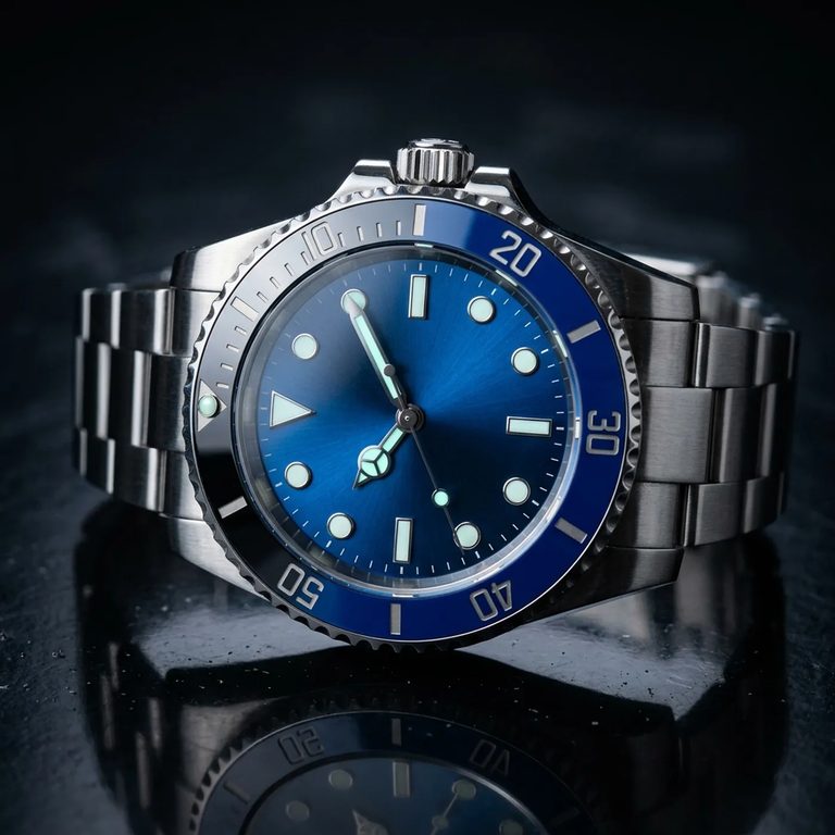 Steel dive watch with a blue dial on a dark reflective surface, rendered on Nano Banana 2