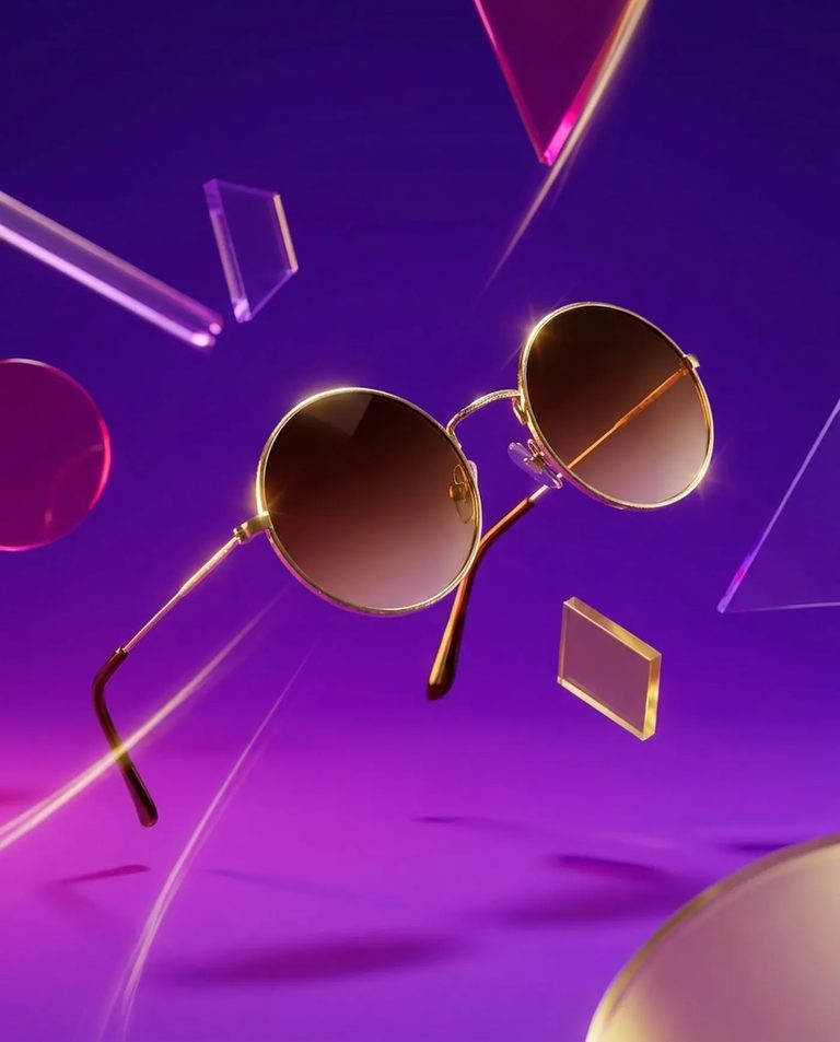 Gold-rimmed sunglasses floating among translucent glass shapes on a violet and magenta gradient, rendered on Nano Banana Pro