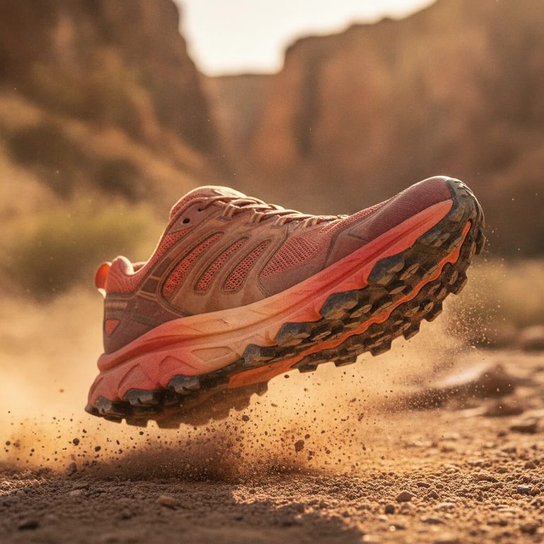 Trail running shoe kicking up dust mid-air on a sunlit desert canyon floor, rendered on Nano Banana
