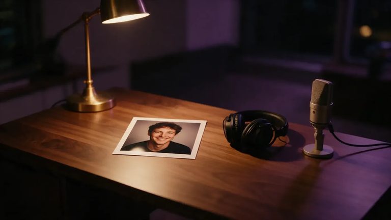 A printed portrait on a desk beside headphones and a studio microphone