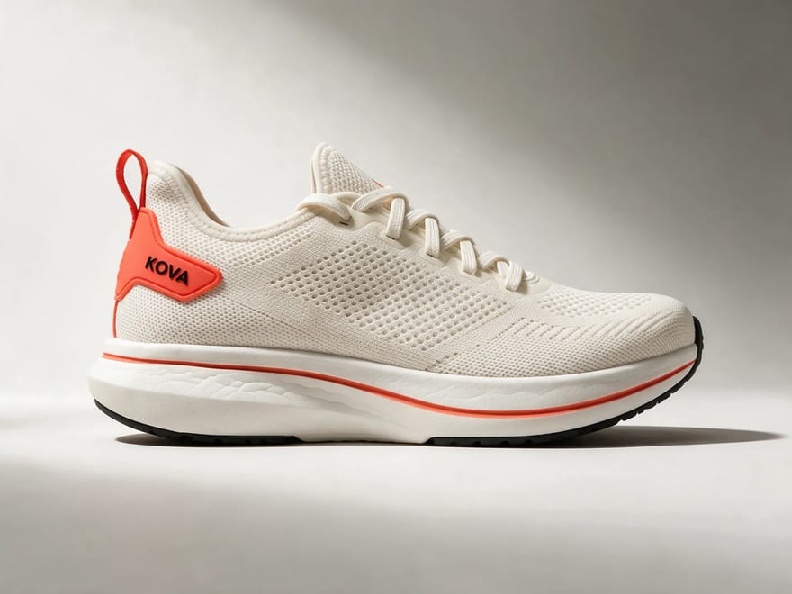 Ecommerce product photo of a running shoe on studio grey