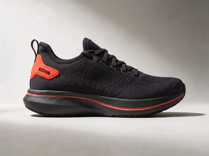 Carbon colorway, black knit with an orange-red heel