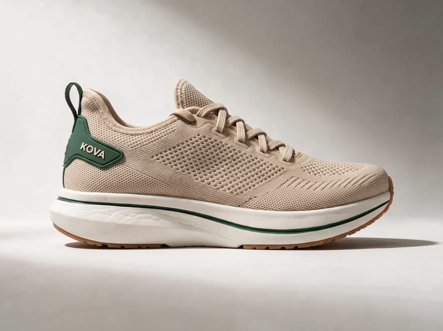 Sand colorway, beige knit with a forest green heel
