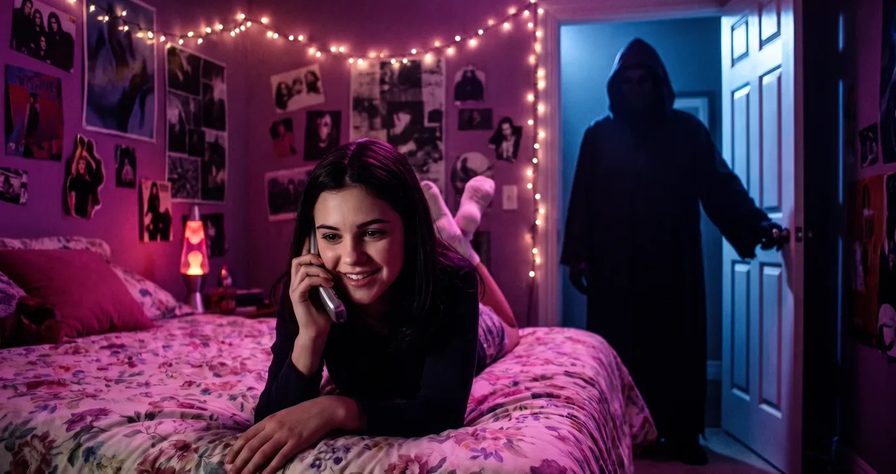 A smiling girl on the phone on a floral bed in a pink 90s bedroom while a hooded figure stands in the doorway behind her