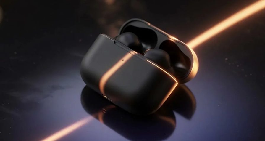 AI-generated product shot of a matte black earbud case on a dark reflective surface, lit by a single warm streak of light