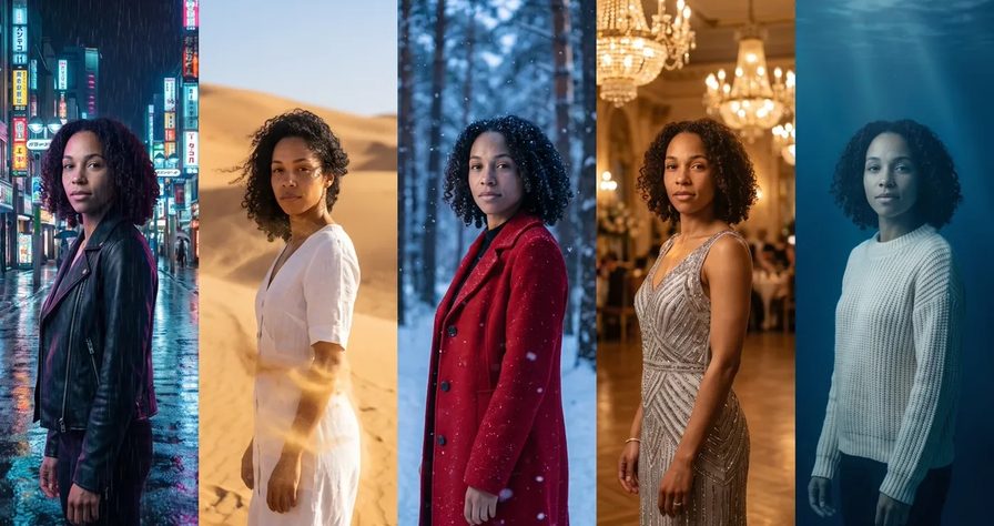 The same curly-haired woman shown in five scenes side by side: a neon city in the rain, a desert, a snowy forest, a ballroom and underwater