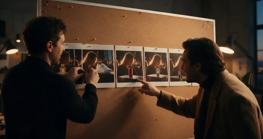Two creators pinning a row of AI video stills to a cork board, the same scene repeated with a perfume bottle, a sneaker, a soda can, a watch and a lipstick