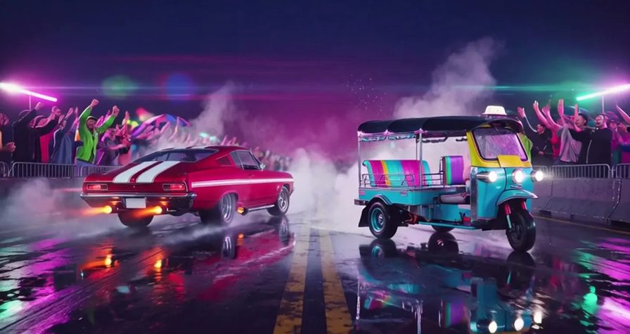 AI-generated neon drag strip at night, a red muscle car and a rainbow tuk-tuk launching side by side through smoke as a crowd cheers