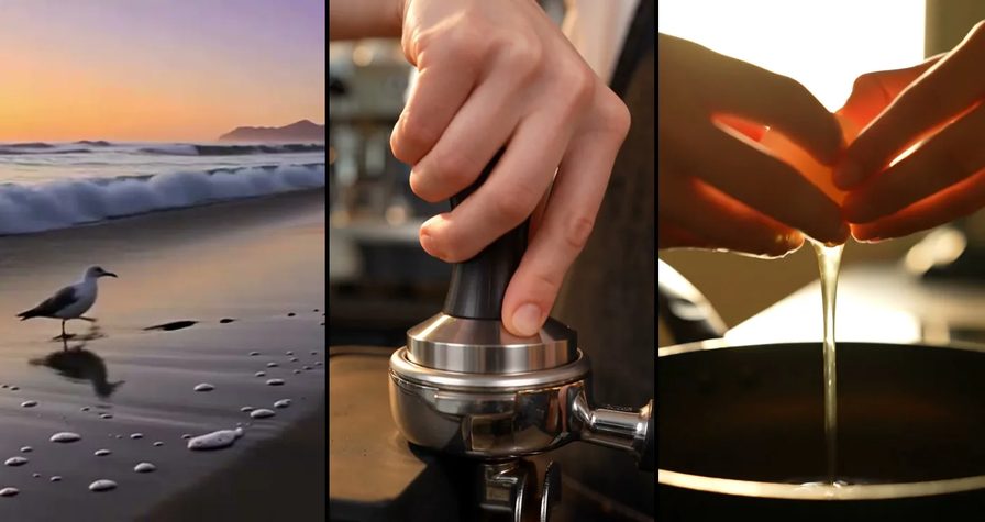 Three frames from AI video renders: a seabird on a wet beach at dusk, a hand tamping espresso in a portafilter, and hands cracking an egg into a pan in backlight