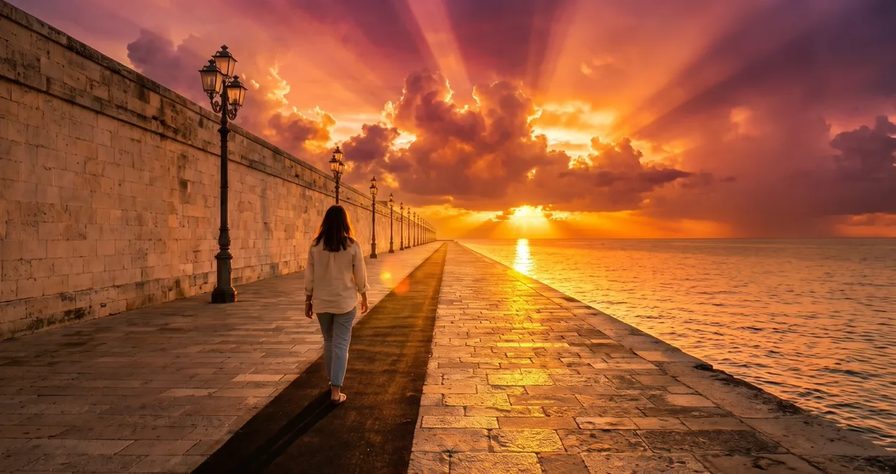 A woman walking along a long stone seawall lined with lamp posts toward a blazing sunset over the sea