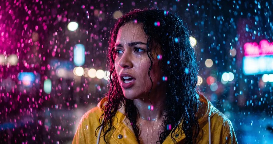 A woman with wet curly hair in a yellow raincoat speaking in the rain under pink and blue neon
