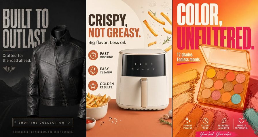 Three AI-generated ad posters side by side: a black leather jacket headlined BUILT TO OUTLAST, a cream air fryer headlined CRISPY, NOT GREASY, and an eyeshadow palette headlined COLOR, UNFILTERED