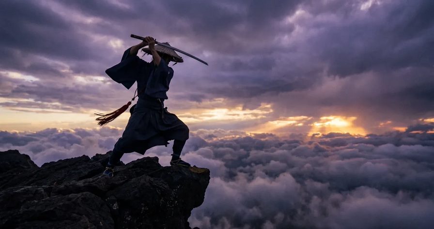 A samurai in a straw hat raising a katana on a rocky peak above a sea of clouds at sunset