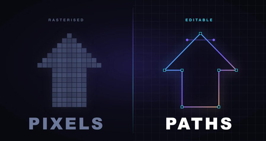 Dark split poster: on the left an arrow mark built from coarse grey squares under the label RASTERISED and the word PIXELS, on the right the same arrow as clean cyan-to-gold vector lines with square control points and a bezier handle, labelled EDITABLE and PATHS