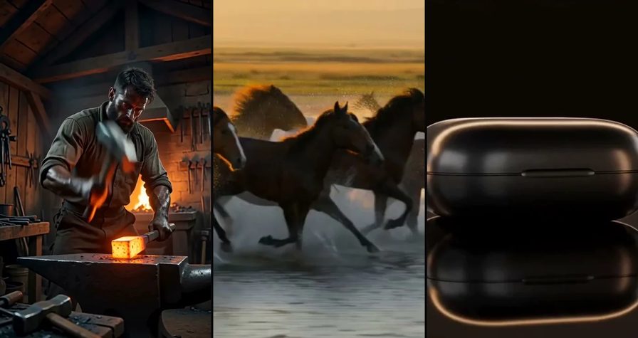 Three frames from Seedance 2.0 renders: a blacksmith striking glowing iron in a dark forge, a herd of horses galloping through shallow water at sunset, and a matte black earbud case on a reflective surface
