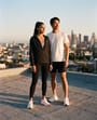 AI lookbook page: two runners on a rooftop at golden hour