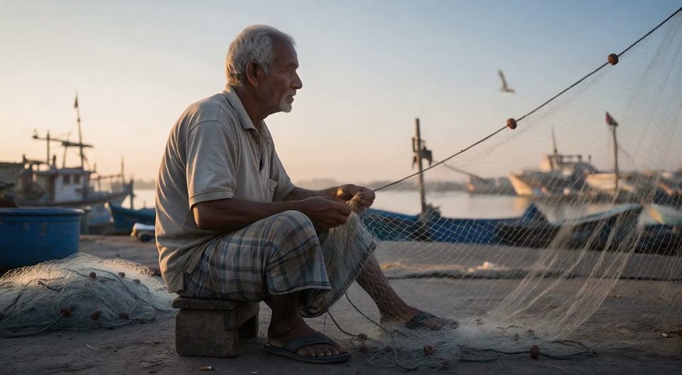 The fisherman looks up