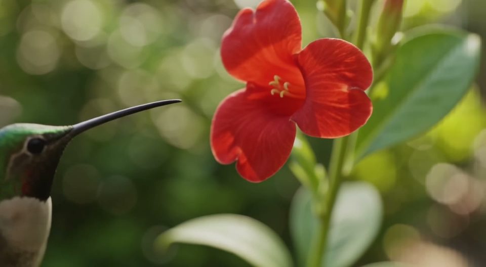 Hummingbird at a red flower