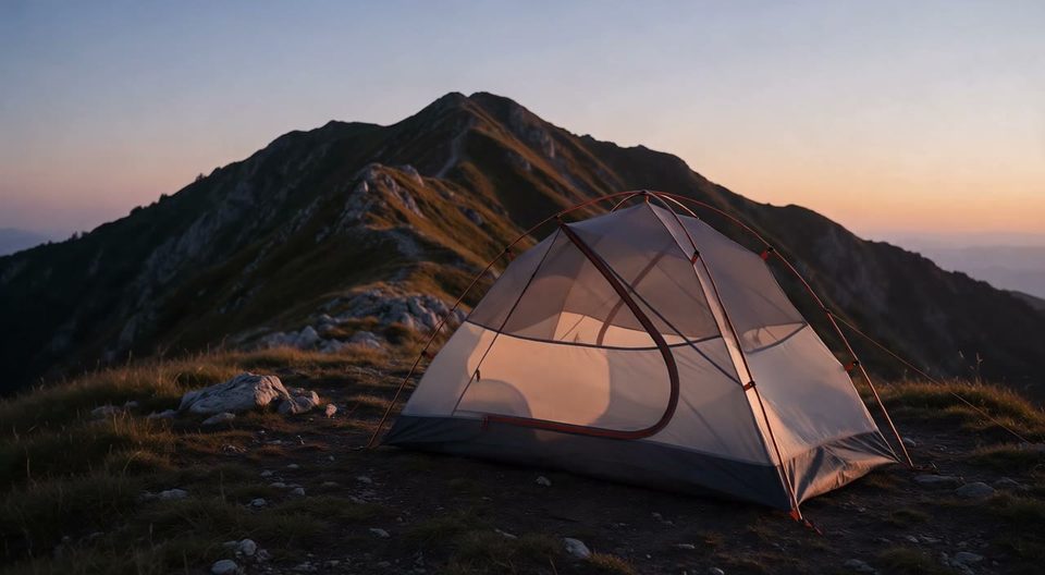 A tent lights up at dusk