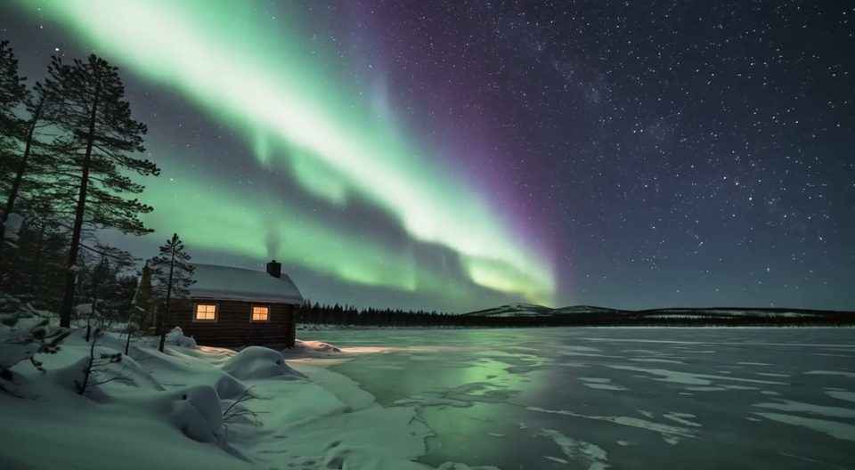 Aurora over a frozen lake