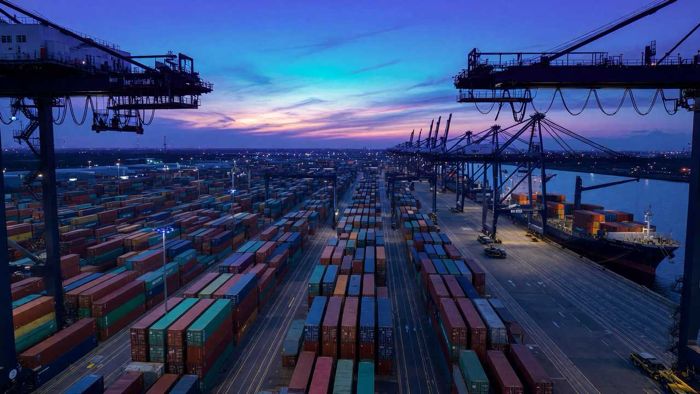 Container port at blue hour