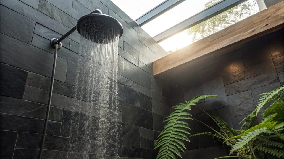 Rain shower under a skylight