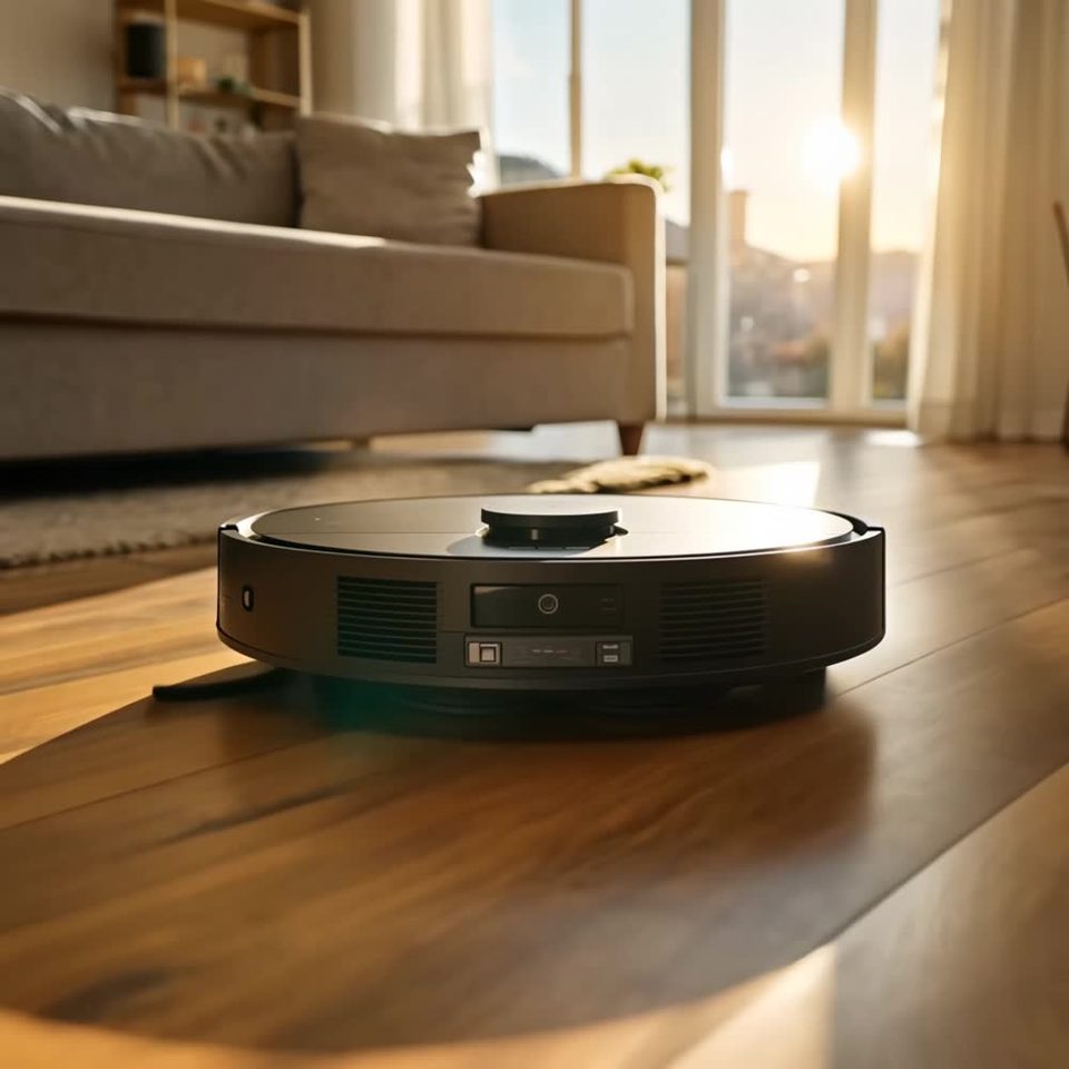 Robot vacuum, sunlit floor