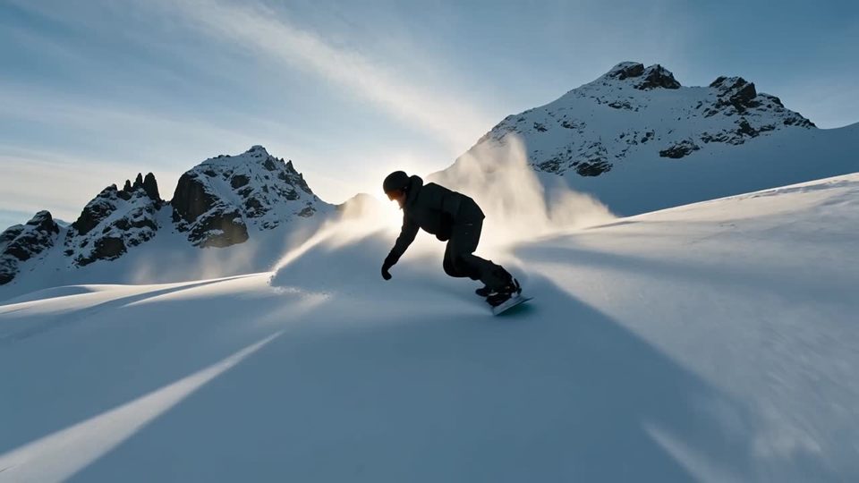 Snowboarder through powder