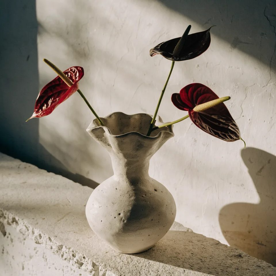 Anthuriums on a plaster ledge