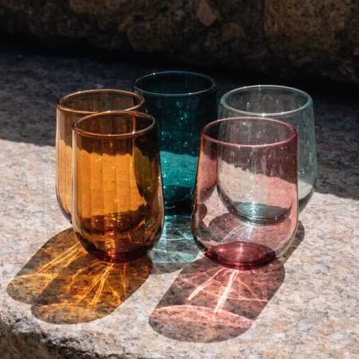 Five tumblers, coloured light