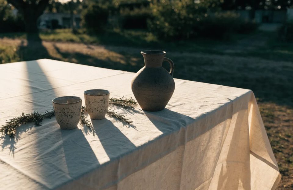 Late sun on a linen table
