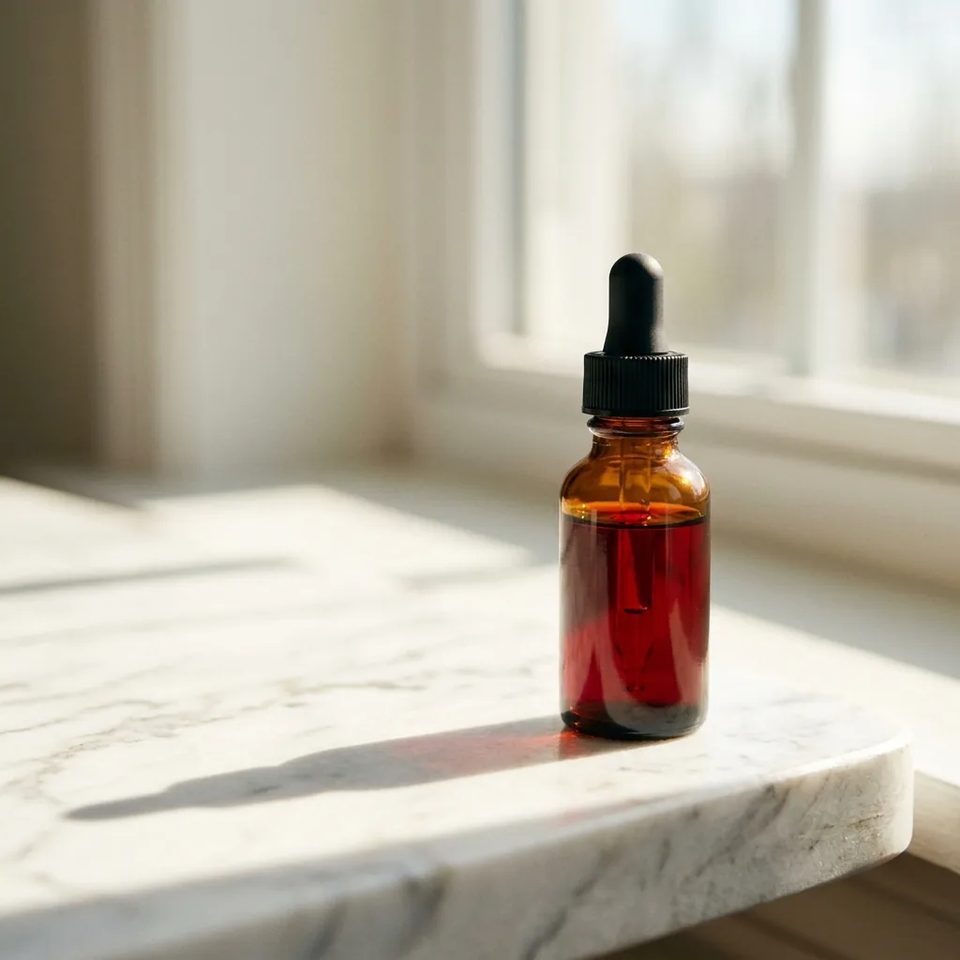 Amber dropper at the window