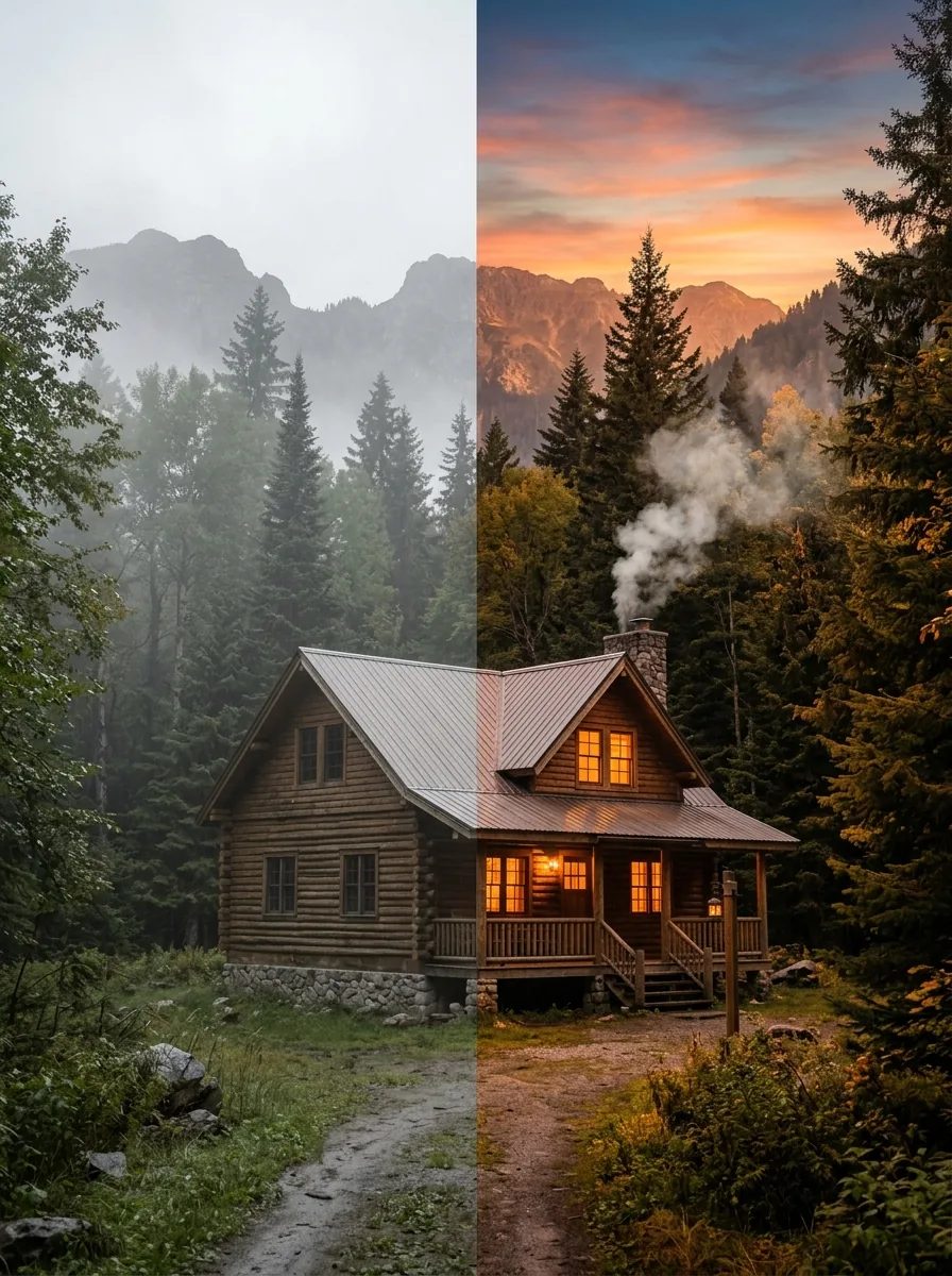 The cabin, relit