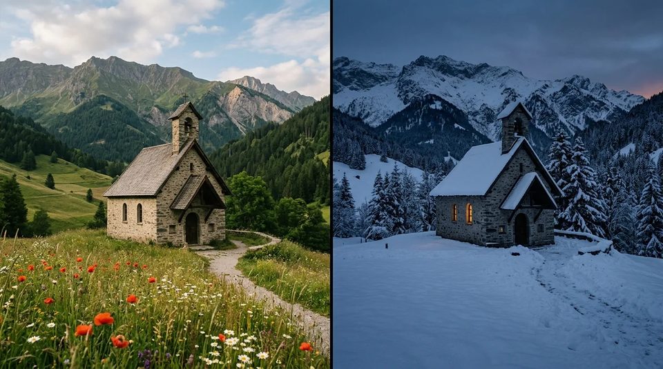 The chapel, two seasons