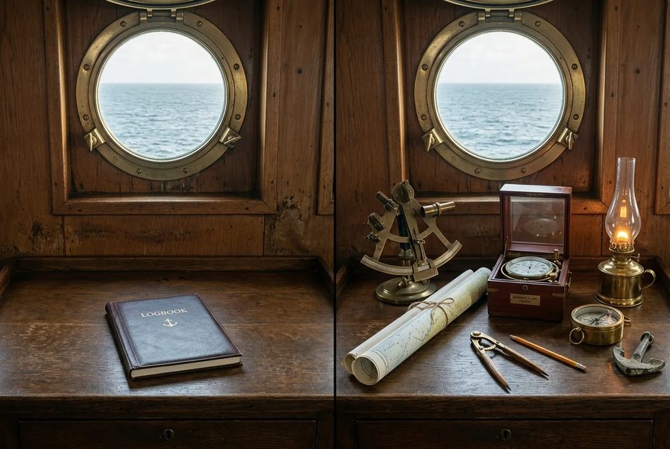 The desk, dressed