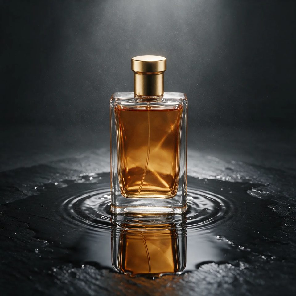 Amber flacon on dark water